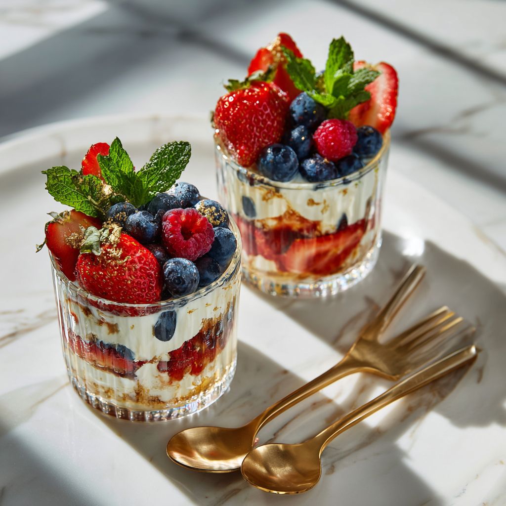 Mixed berry tiramisu served in glass cups with fresh berries.