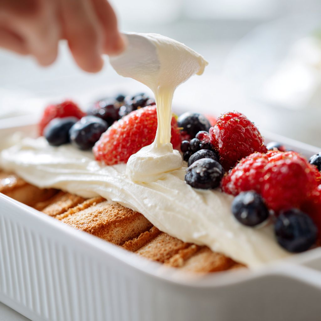 Step showing mascarpone cream layered over ladyfingers for mixed berry tiramisu.