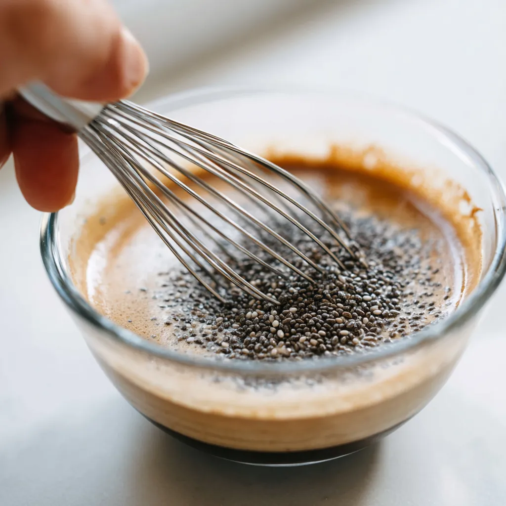Whisking chia seeds into espresso mixture for tiramisu chia pudding.