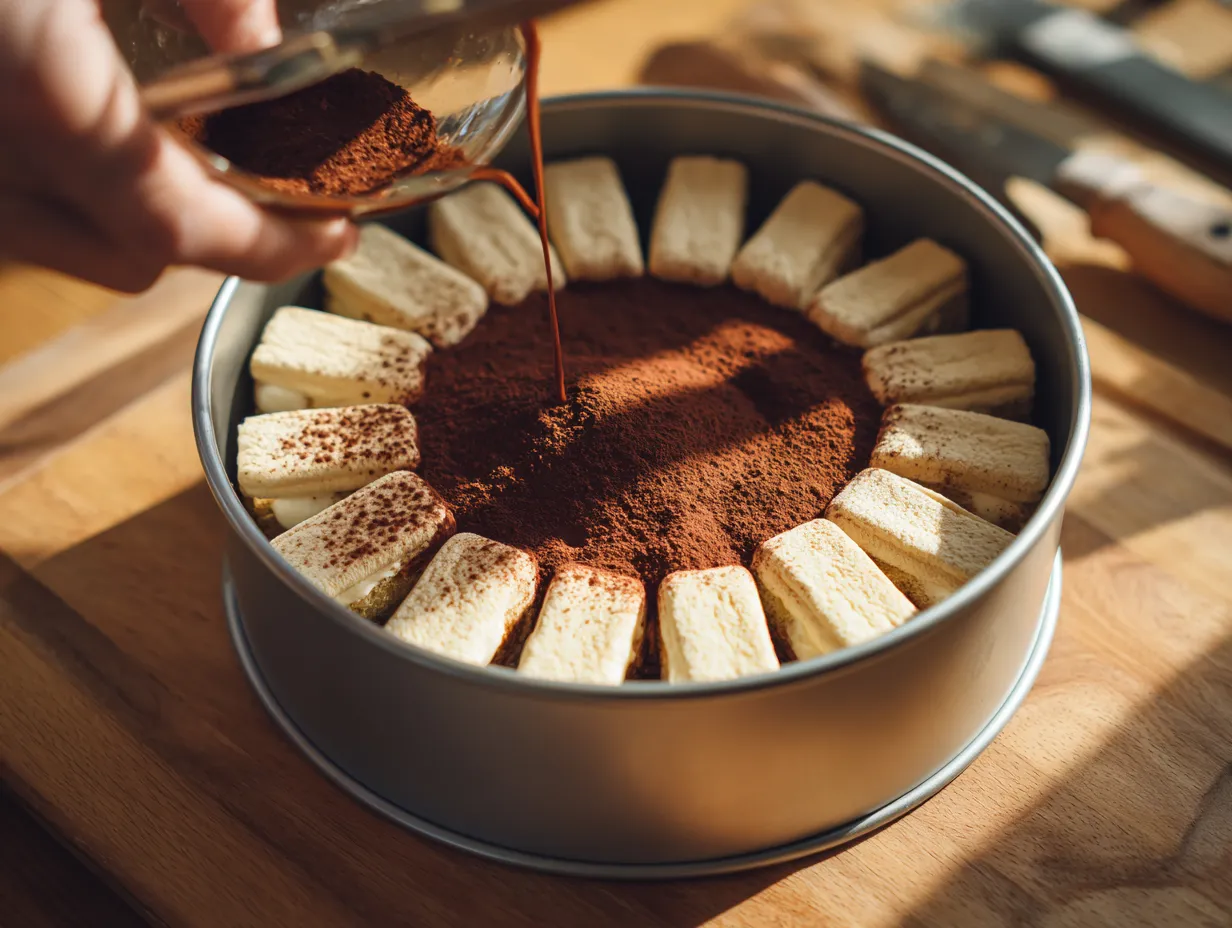 No-bake tiramisu cake with mascarpone cream and cocoa dusting.