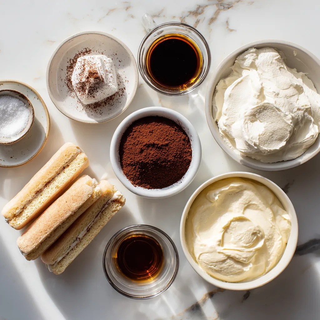 Ingredients flatlay for no-bake tiramisu cake.