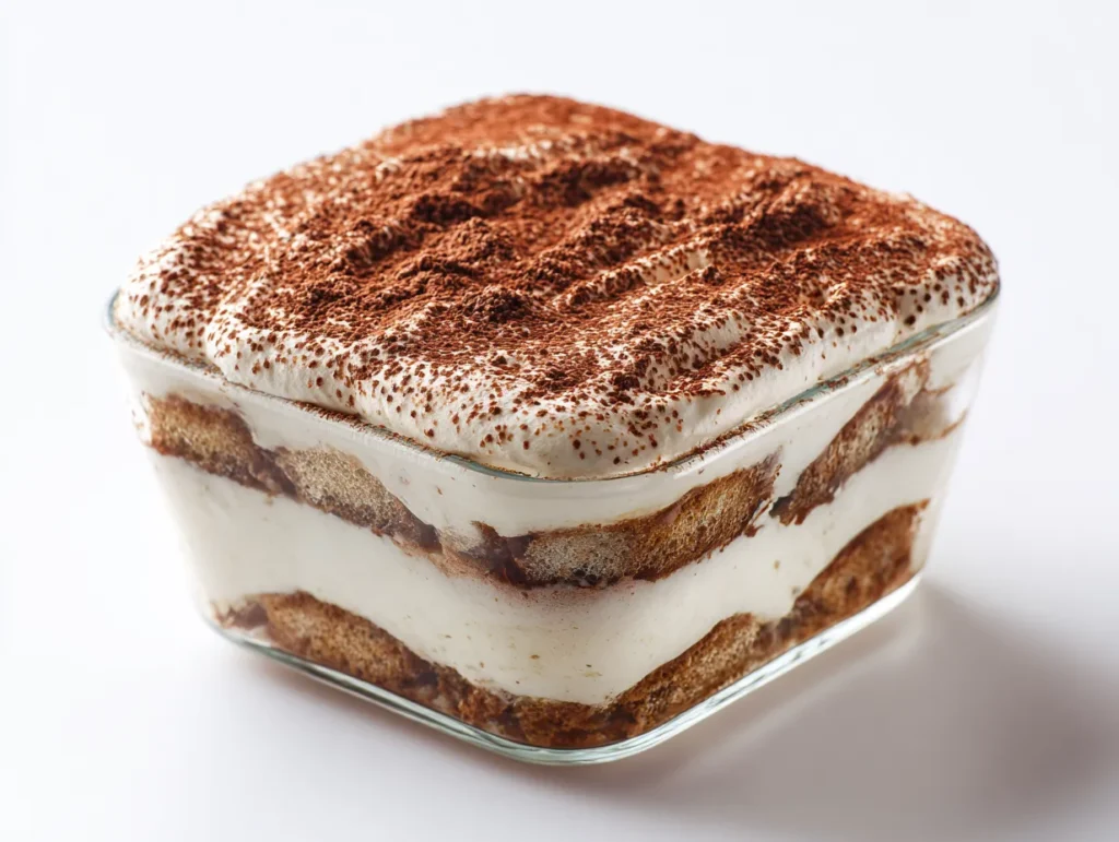 Layered protein tiramisu topped with cocoa powder and cream.
