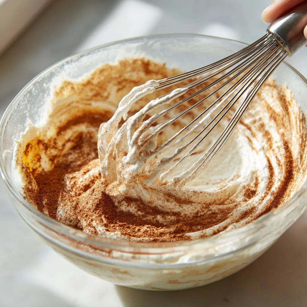 Mixing protein powder into cream for protein tiramisu.