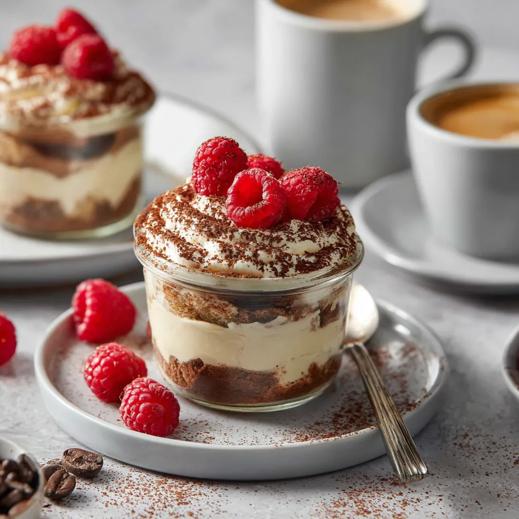 Protein tiramisu jars with cocoa and raspberries.