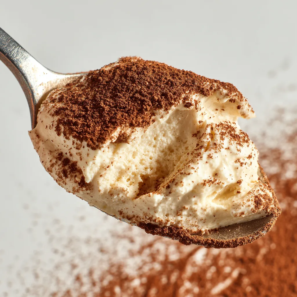 Creamy protein tiramisu texture on a spoon.