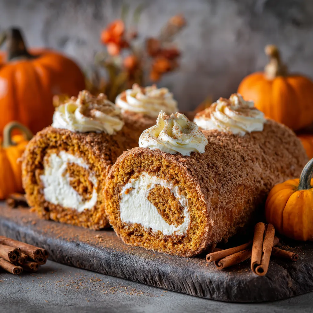 Pumpkin roll cake with cream cheese filling and fall spices