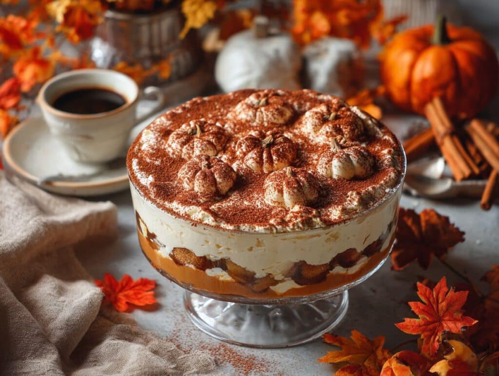 Slice of Pumpkin Tiramisu with cocoa dusting on top