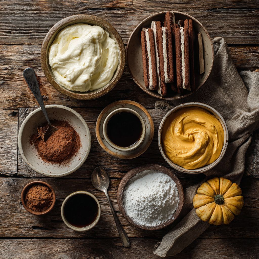 Flatlay of Pumpkin Tiramisu ingredients on rustic table