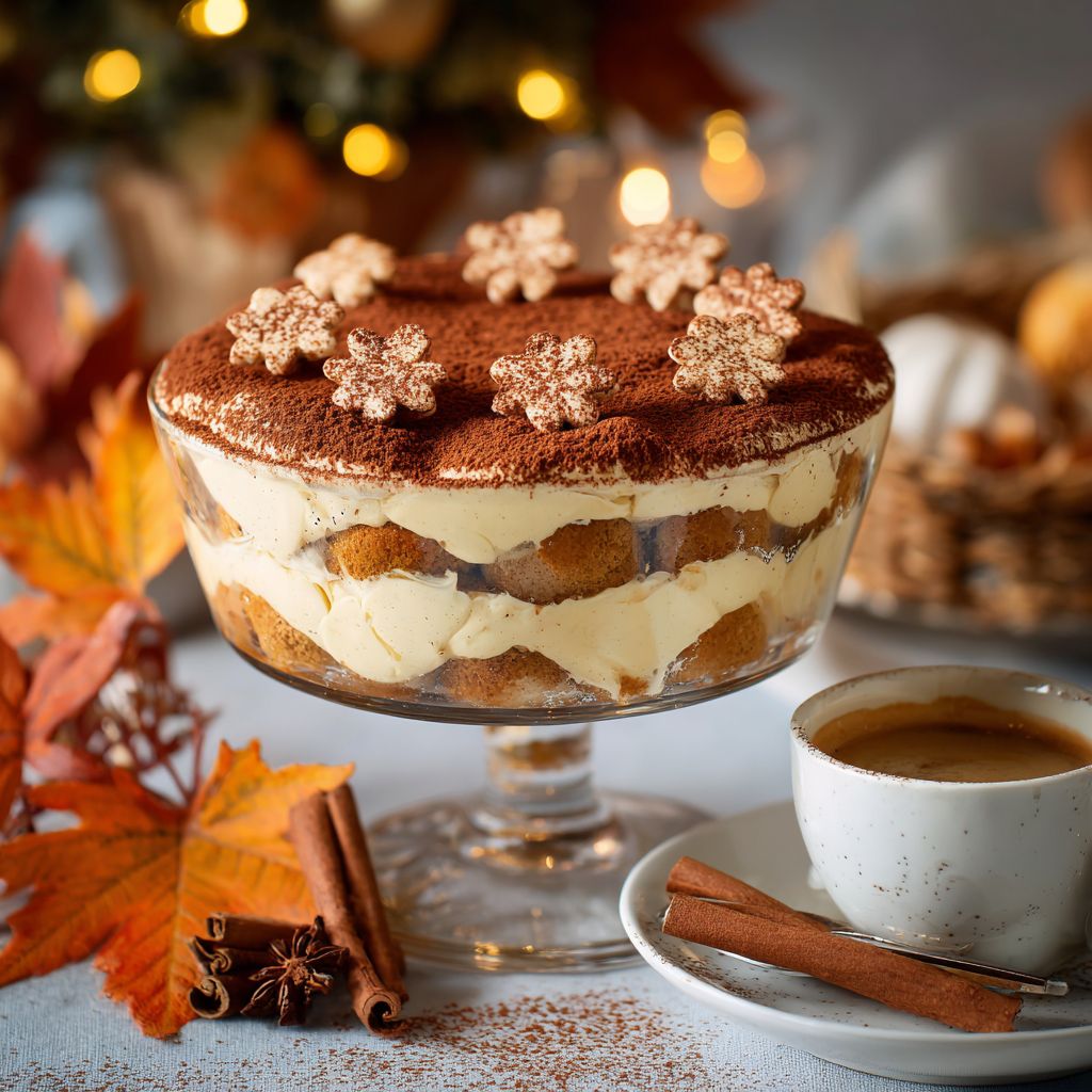 Pumpkin Tiramisu served in a glass dish with cocoa dusting