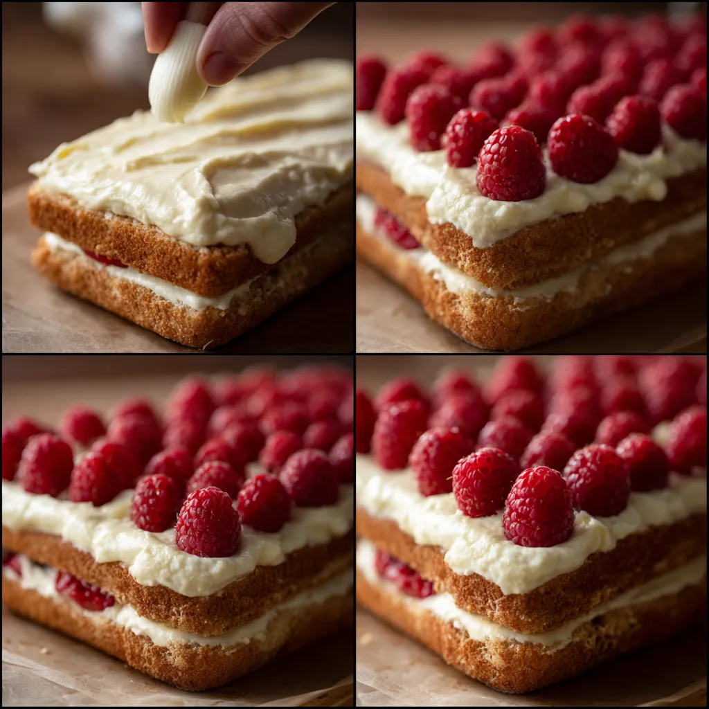 Step showing mascarpone cream layered over ladyfingers for raspberry tiramisu.
