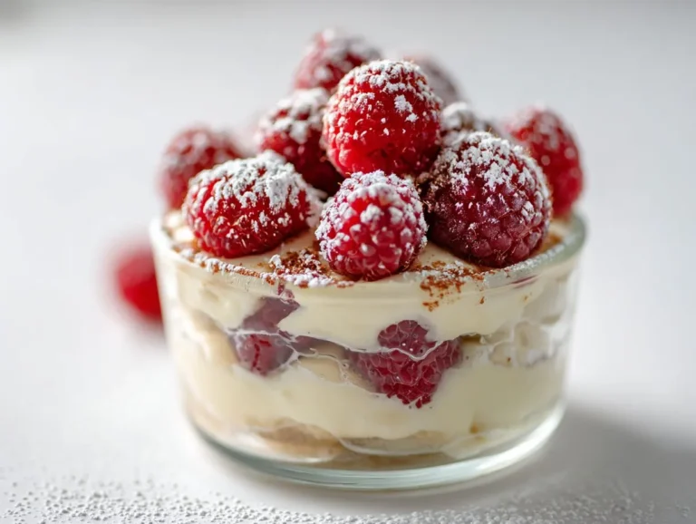 Hero shot of raspberry tiramisu with fresh raspberries on top.