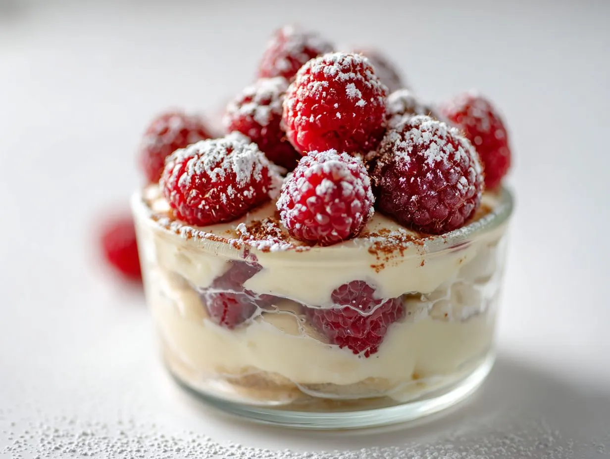 Hero shot of raspberry tiramisu with fresh raspberries on top.