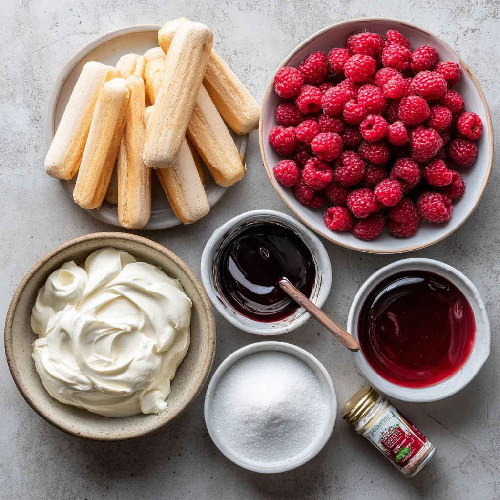 Flatlay of raspberry tiramisu ingredients on a kitchen counter.