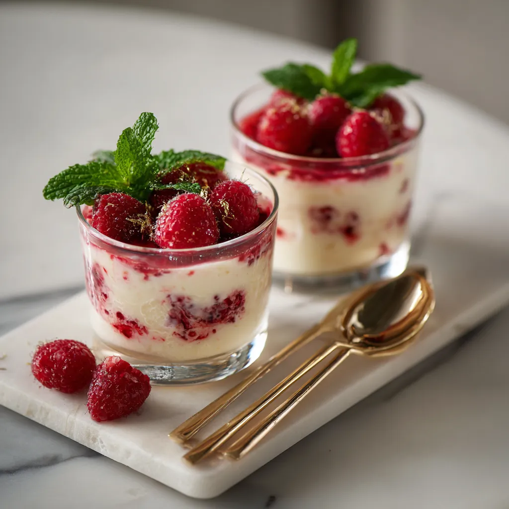 Close-up of raspberry tiramisu layers with mascarpone and raspberries.