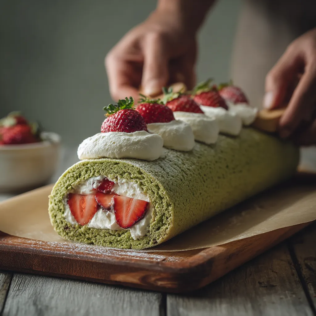 Rolling up matcha sponge cake with whipped cream filling