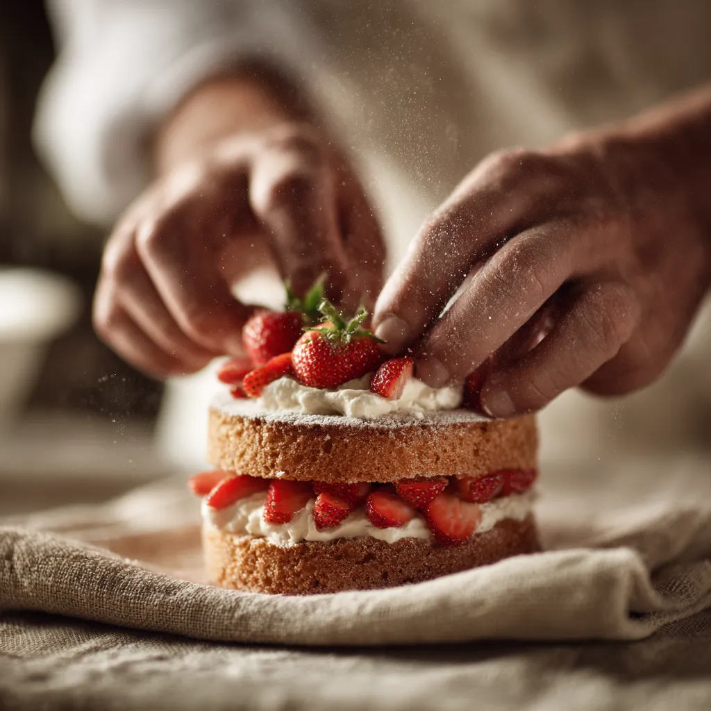 Chef rolling Strawberry Shortcake Roll with whipped cream filling.