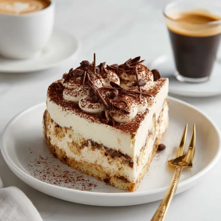 Slice of ice cream tiramisu cake with cocoa and chocolate curls.