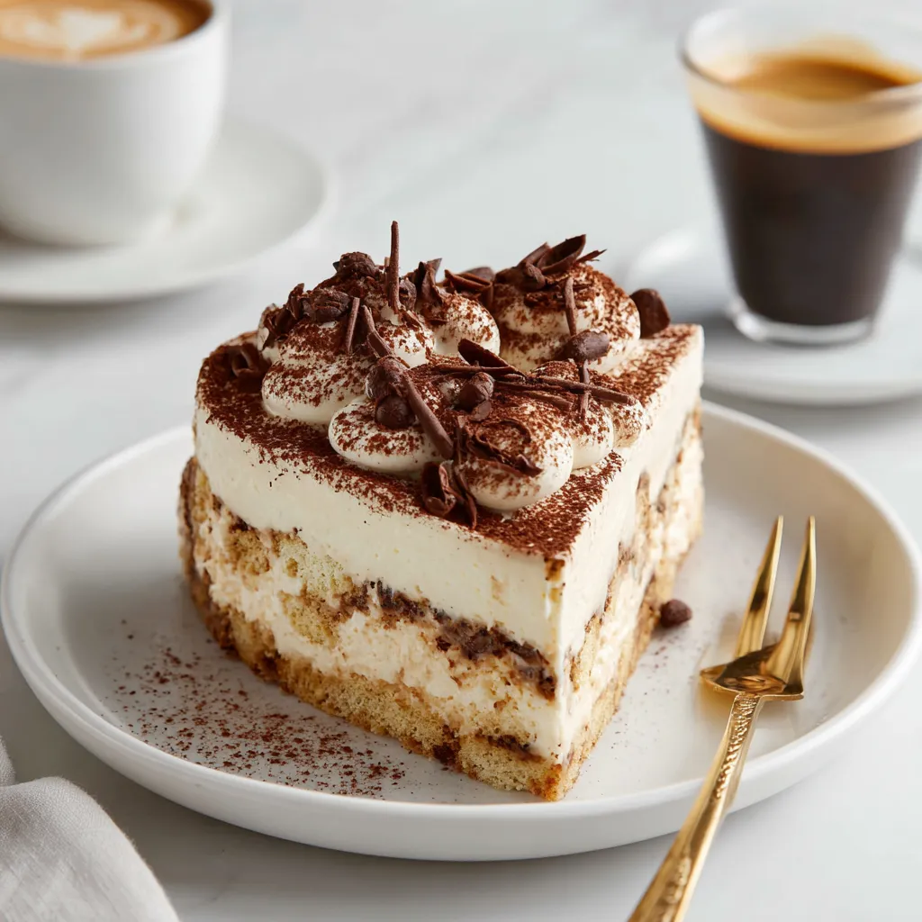 Slice of ice cream tiramisu cake with cocoa and chocolate curls.