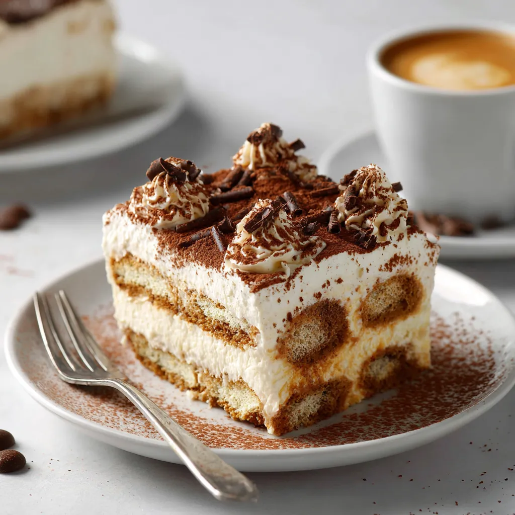 Slice of no-bake tiramisu cake with cocoa dusting.