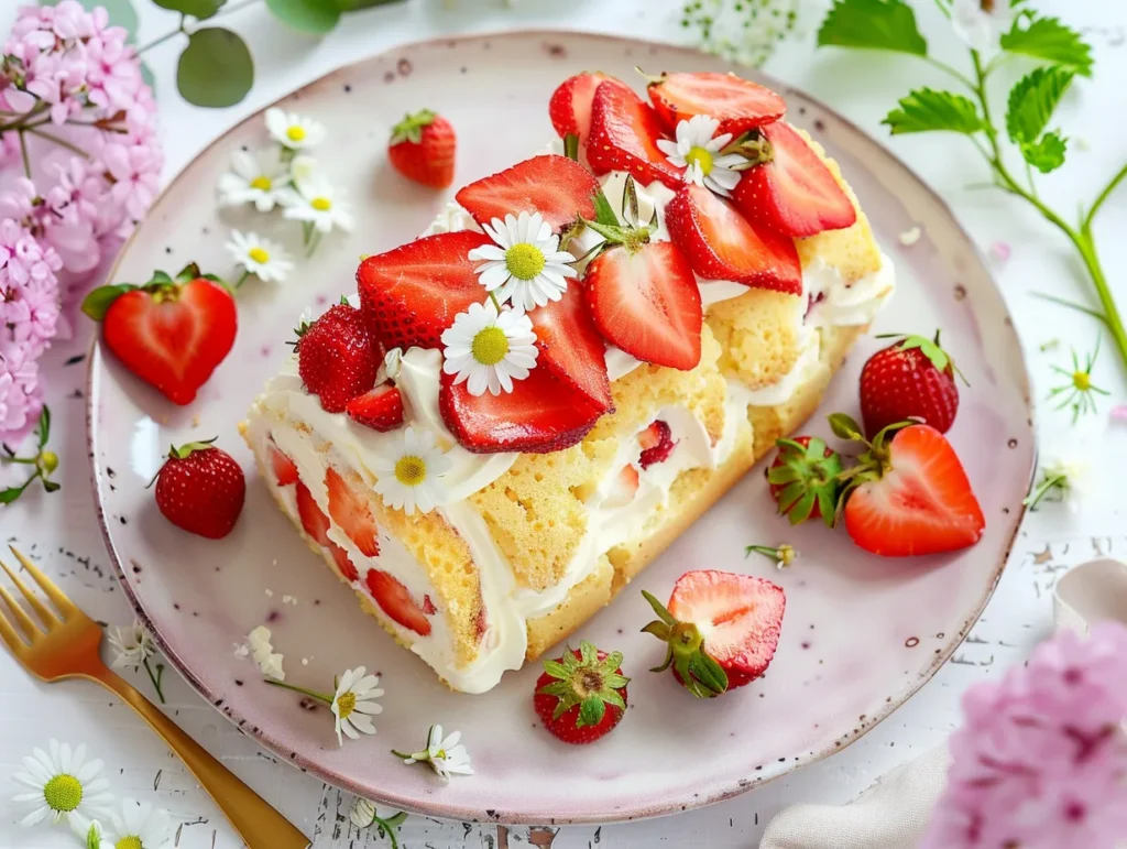 Strawberry shortcake roll with whipped cream and fresh berries