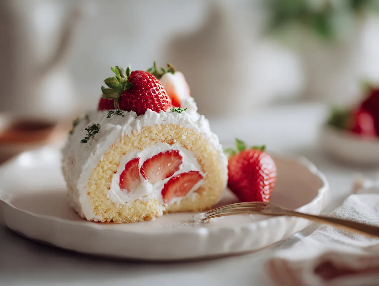 Strawberry Shortcake Roll with whipped cream and fresh strawberries on a white plate.