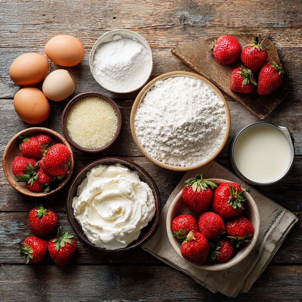 Flatlay of fresh ingredients to make a Strawberry Shortcake Roll.