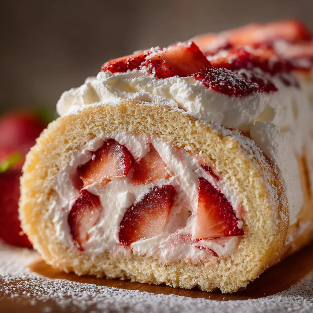 Slice of Strawberry Shortcake Roll served with mint and tea.