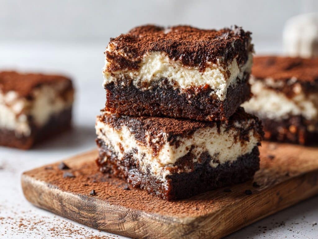 Fudgy tiramisu brownies with mascarpone cream and cocoa dusting
