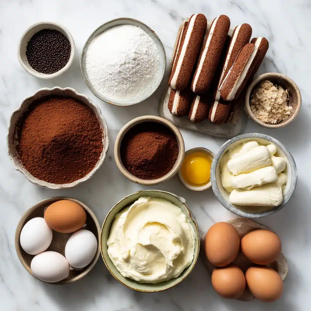 Tiramisu Brownies – Fudgy Chocolate Meets Creamy Mascarpone 2 Flatlay of tiramisu brownie ingredients on marble background