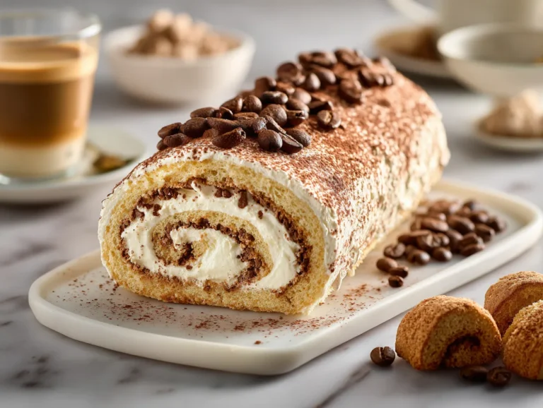 Tiramisu Cake Roll with creamy mascarpone filling and cocoa dusting on a white plate.