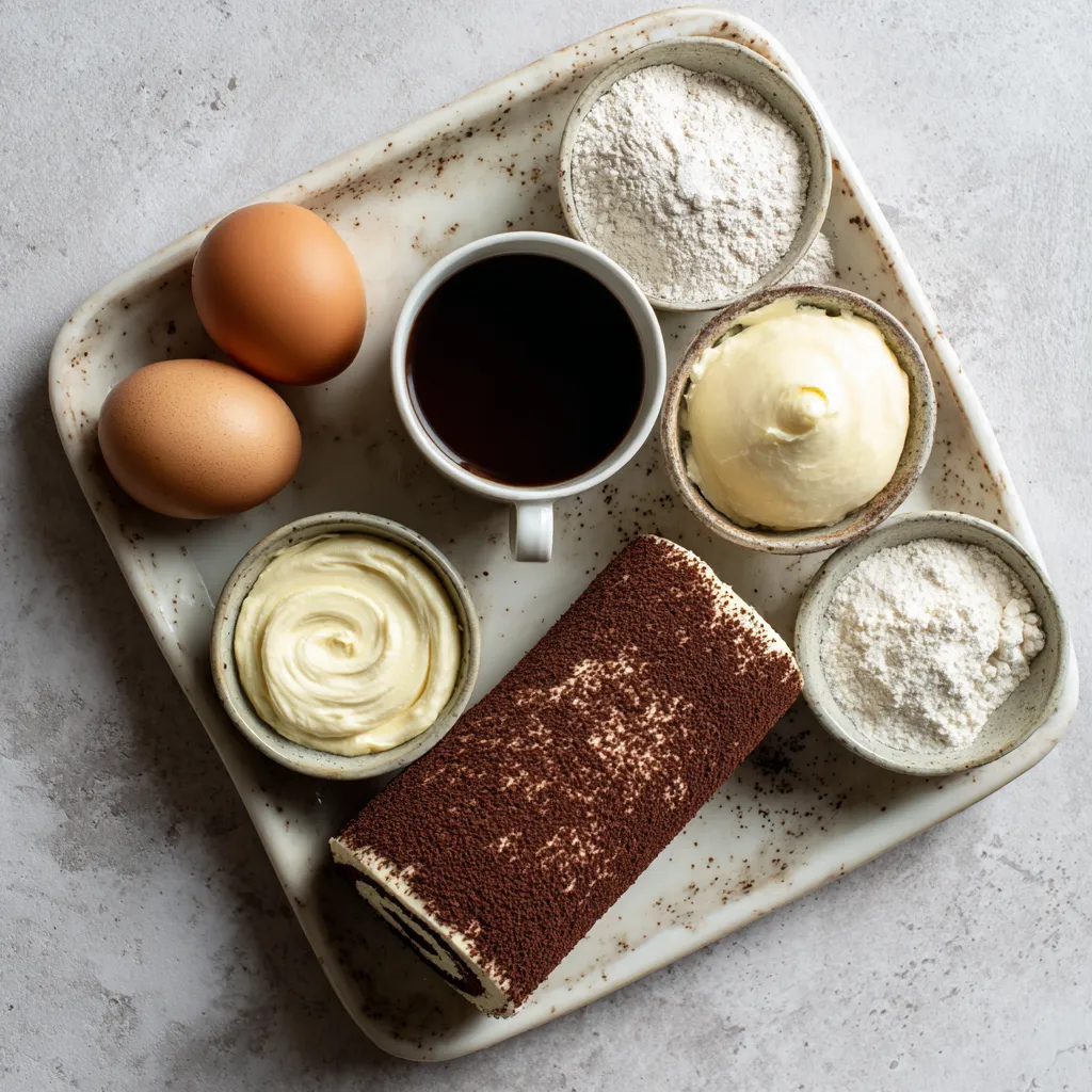Flatlay of ingredients for tiramisu cake roll including espresso, mascarpone, eggs, and cocoa.