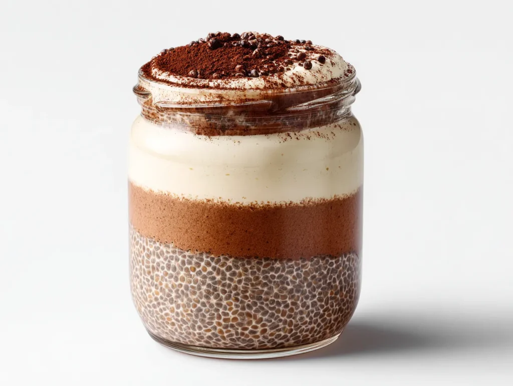 Creamy tiramisu chia pudding layered in a jar with cocoa dusting.