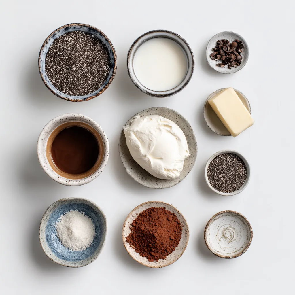 Flatlay of tiramisu chia pudding ingredients.