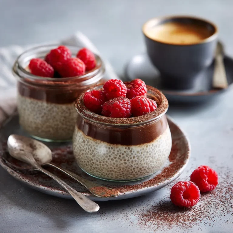 Tiramisu chia pudding jars topped with raspberries and cocoa.