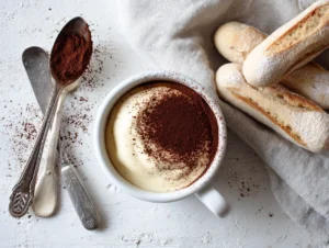 Tiramisu coffee served in a tall glass with mascarpone cream and cocoa powder in an Italian café.