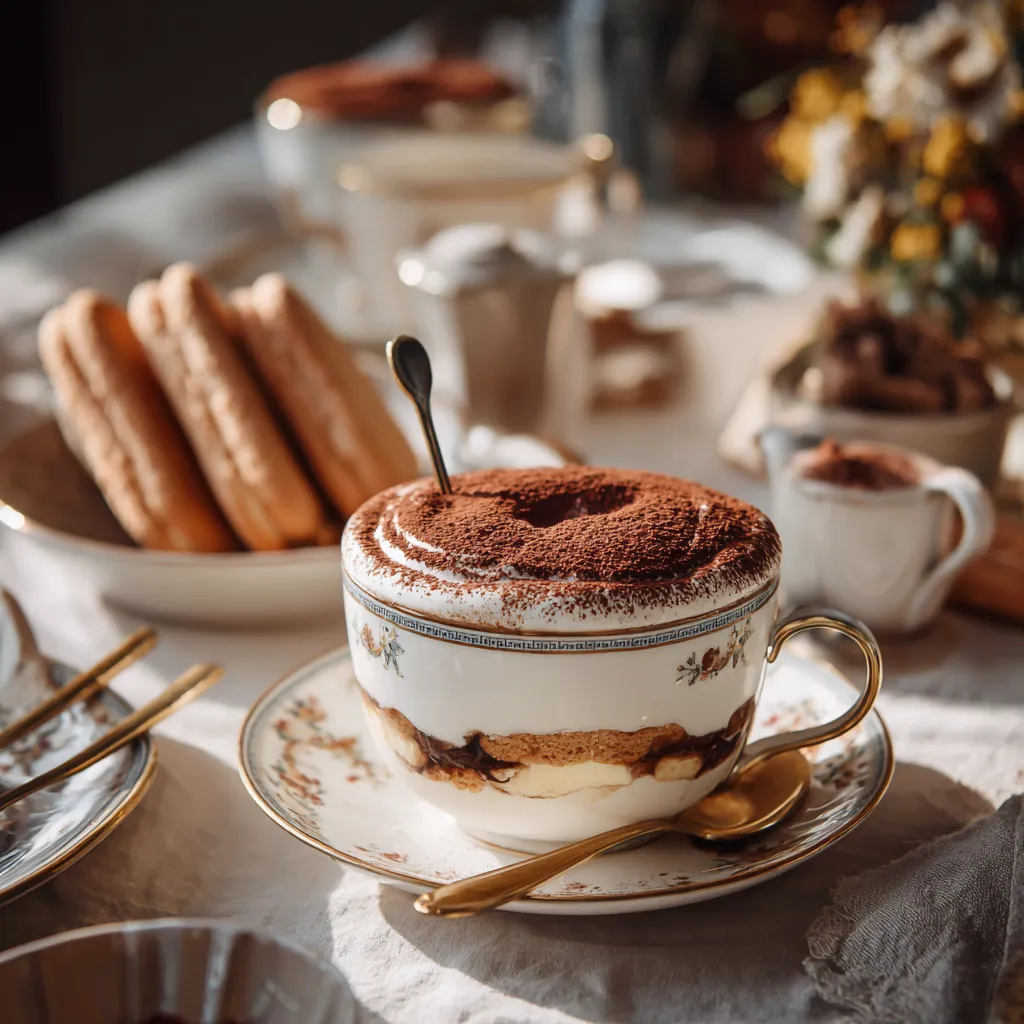 Tiramisu coffee served with ladyfingers on a rustic table.