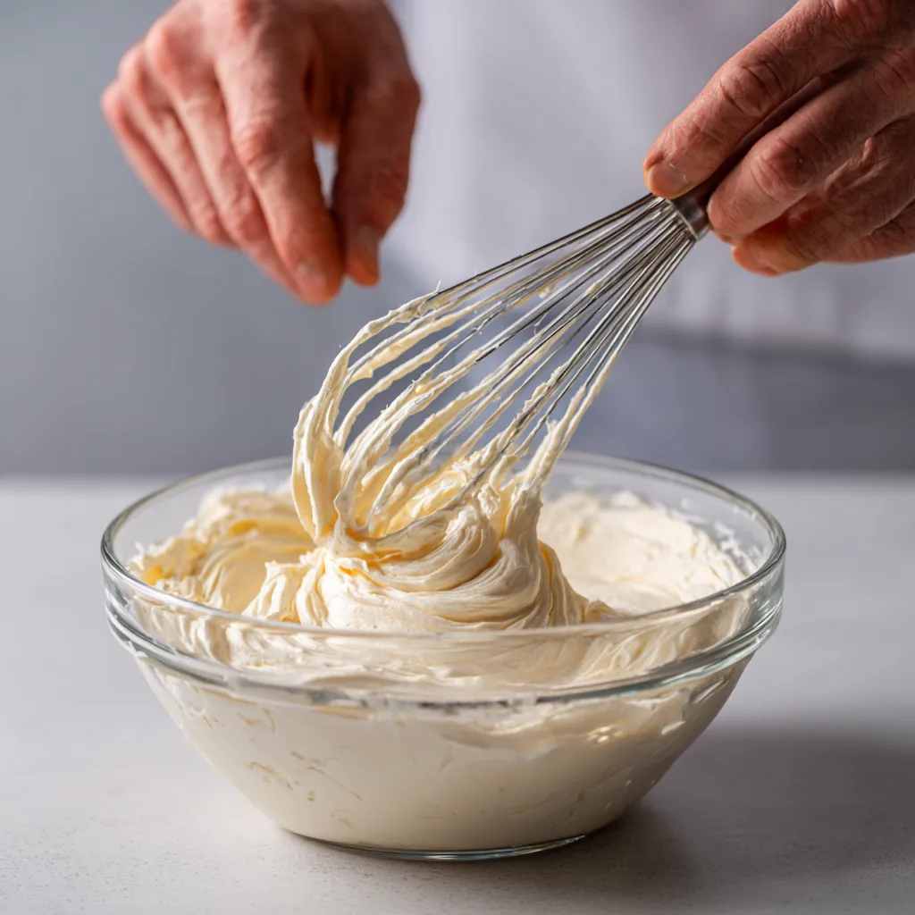 Whisking mascarpone cream for tiramisu cupcakes.