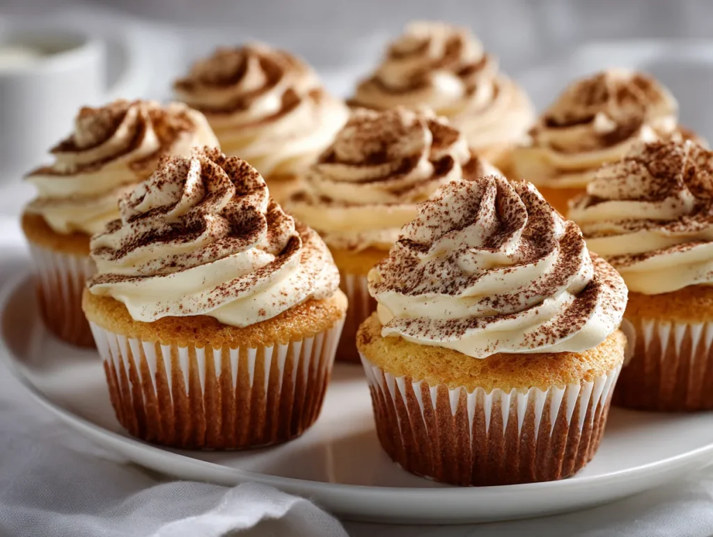 Best tiramisu cupcakes with mascarpone frosting on table.