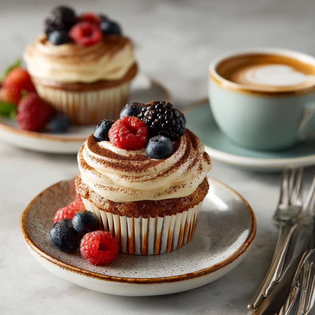 Tiramisu cupcakes served with cappuccino.