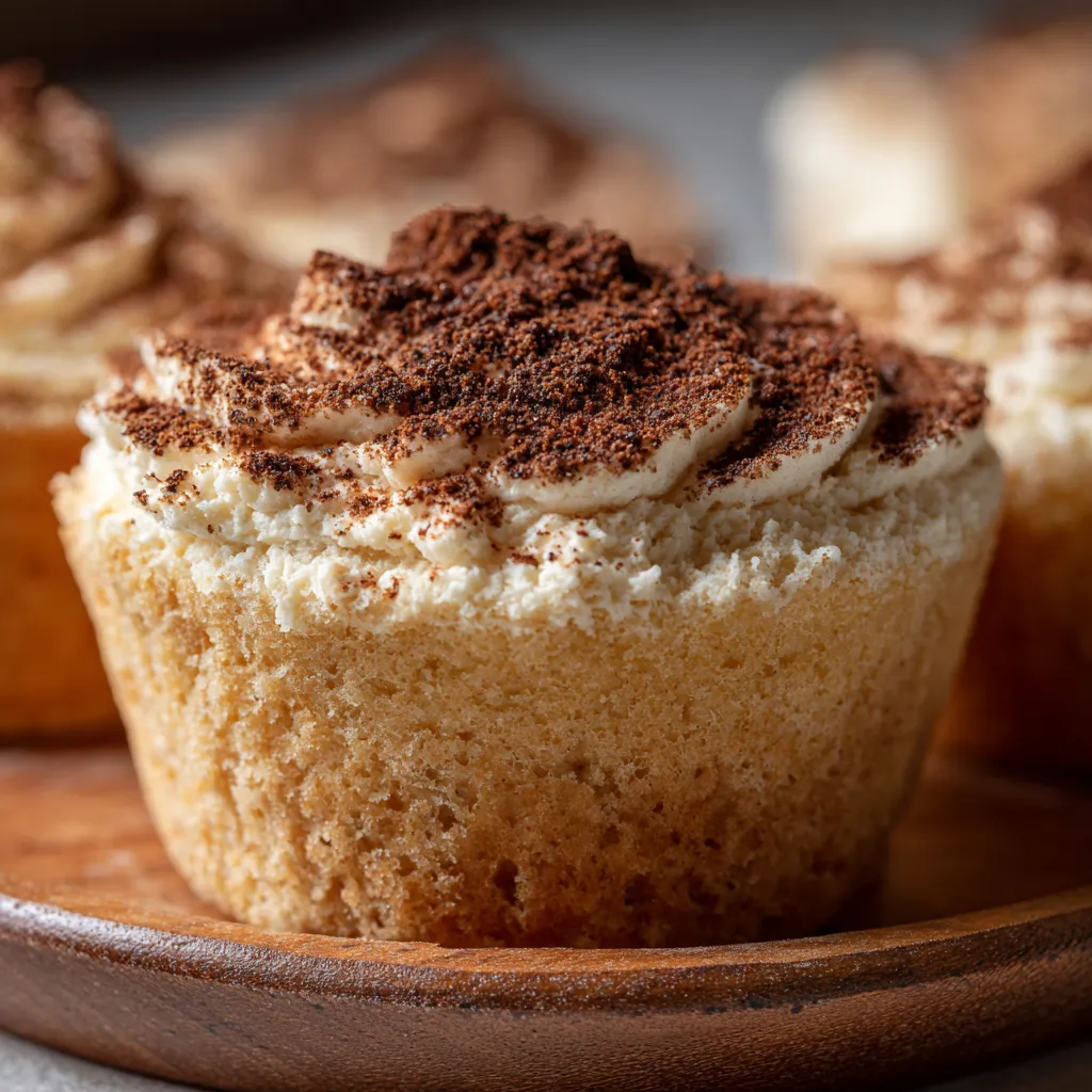 Close-up of coffee-soaked tiramisu cupcake sponge.