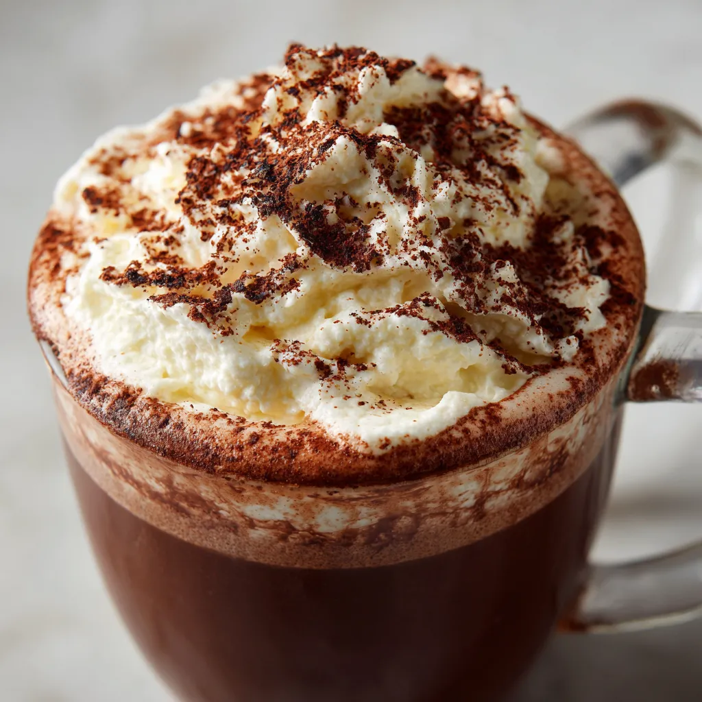 Creamy tiramisu hot chocolate close-up.