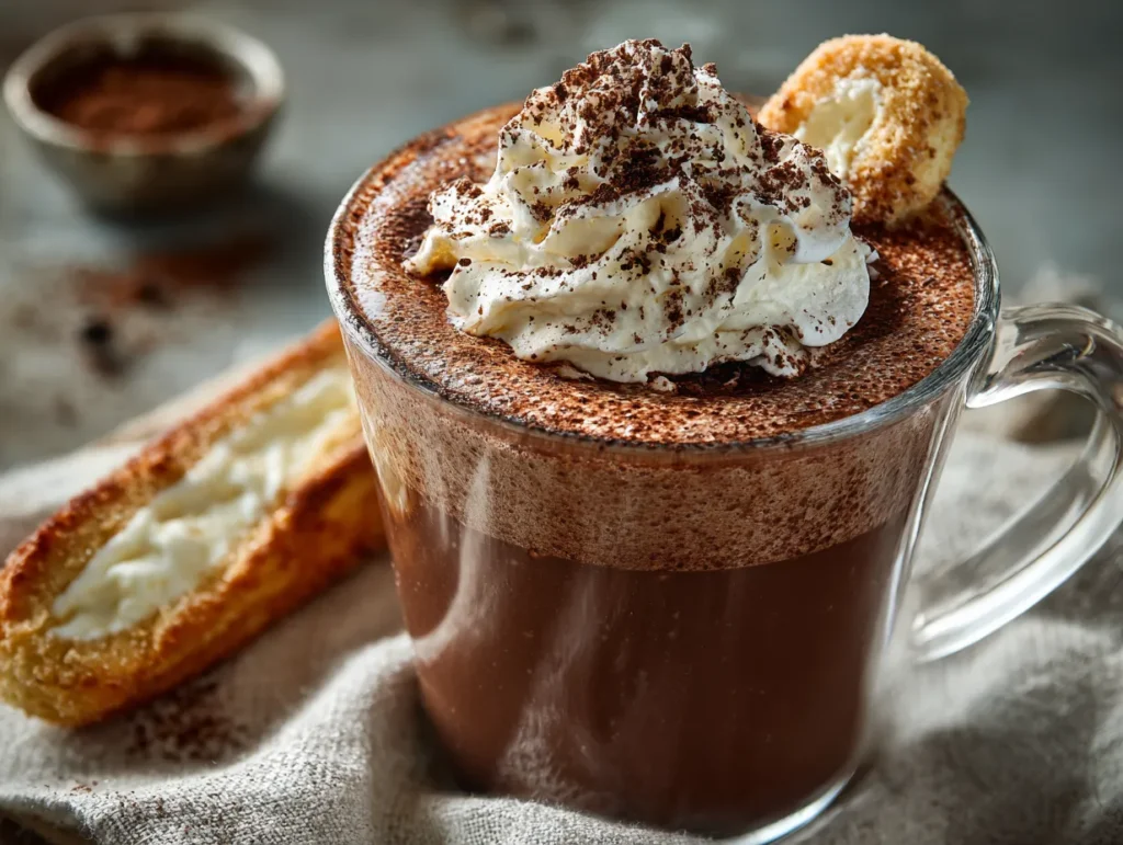 Tiramisu hot chocolate with mascarpone whipped cream and cocoa dust.