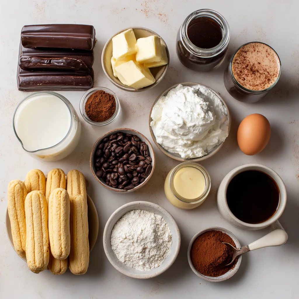 Flatlay of tiramisu hot chocolate ingredients.
