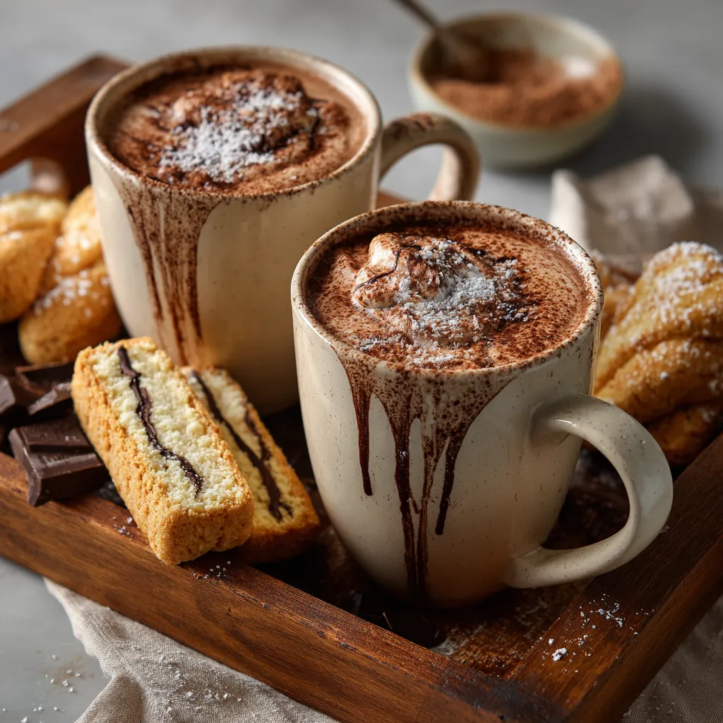 Tiramisu hot chocolate served with biscotti.