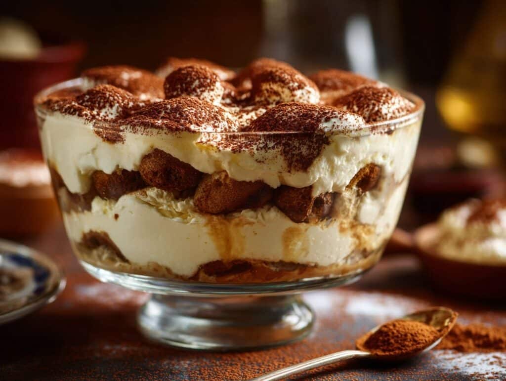 classic tiramisu recipe in glass dish