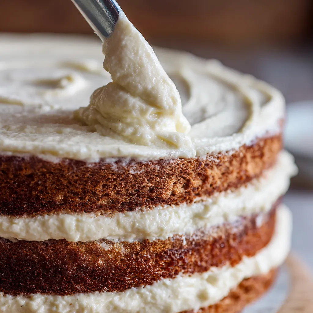 Mascarpone frosting spread between tiramisu cake layers.