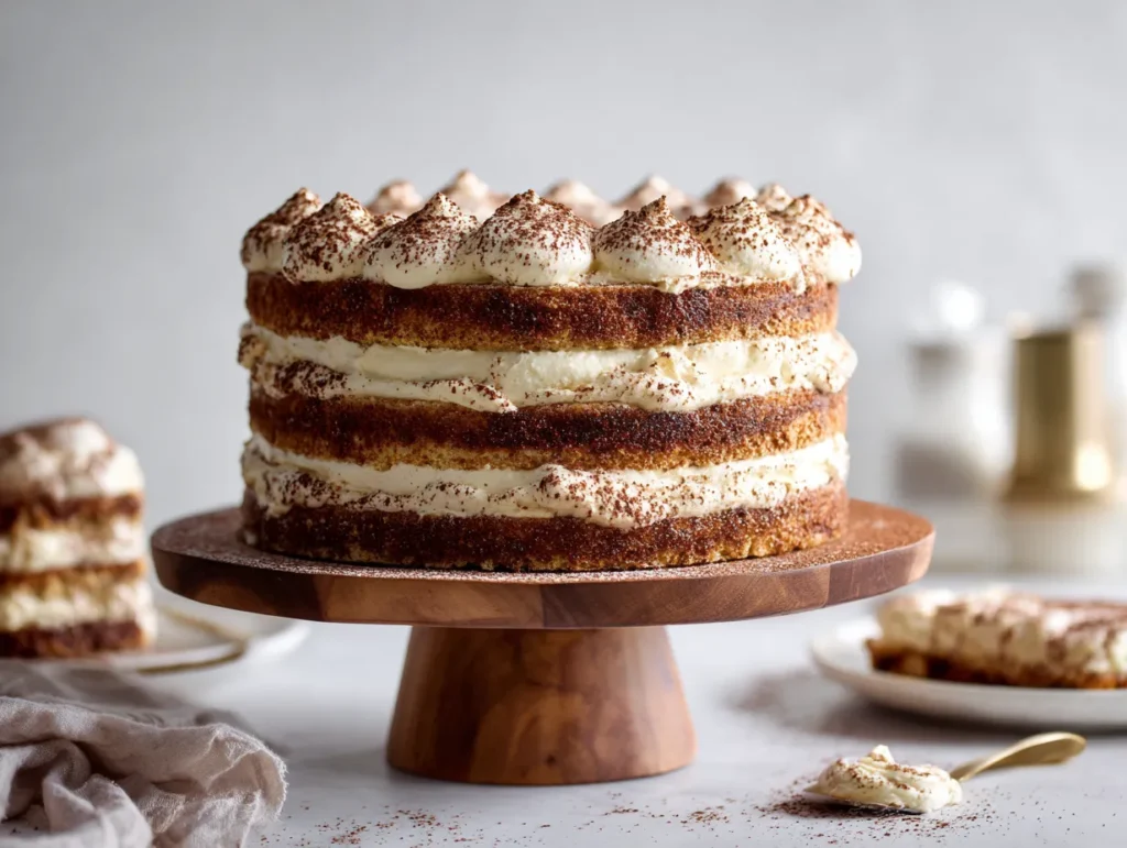 Tiramisu layer cake with coffee-soaked sponge and mascarpone frosting.