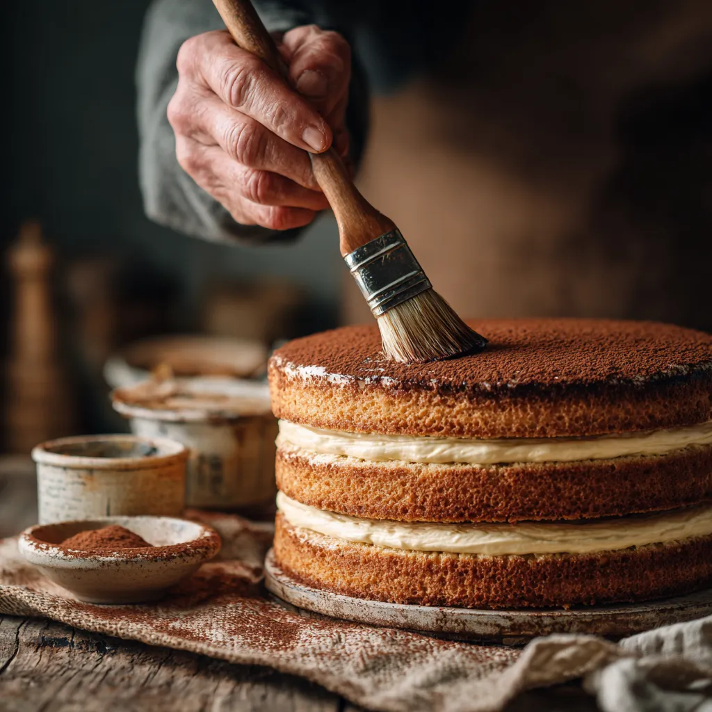 Ingredients for tiramisu layer cake arranged on a table.