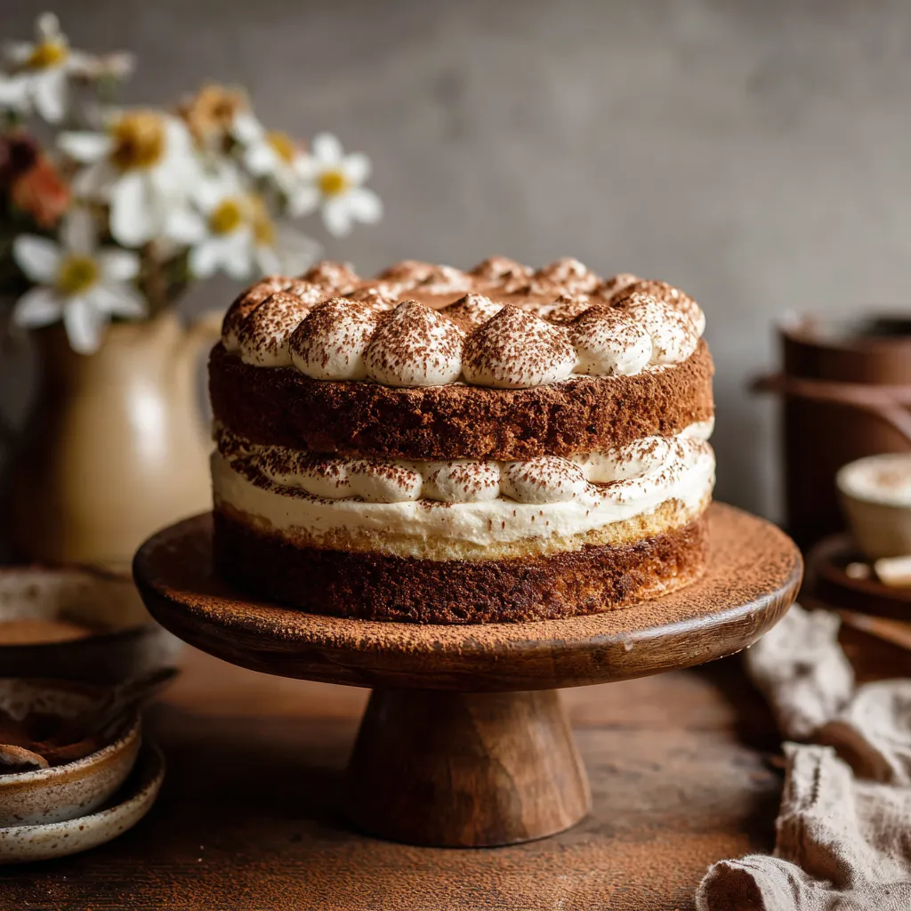A slice of tiramisu layer cake on a white plate, dusted with cocoa powder, next to a cup of espresso.