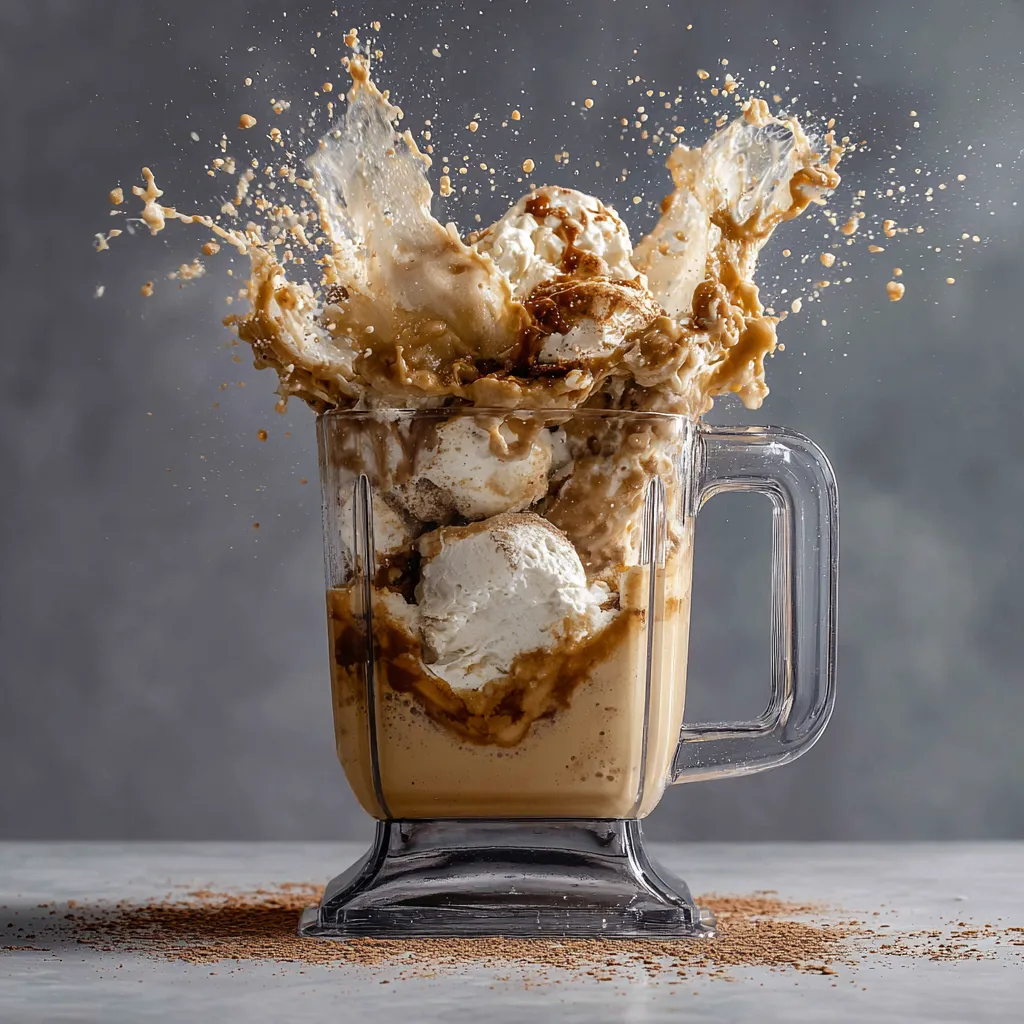 Action shot of a blender filled with mascarpone, ice cream, and espresso blending into a creamy shake.
